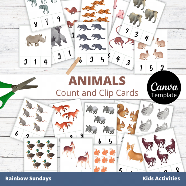 Count and Clip card - animal Canva Template