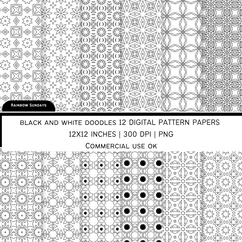 black and white doodles digital pattern paper